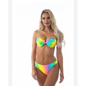 Beach Joy Bikini Rainbow Ombre Smocked Strapless Bandeau Bikini Set Size S